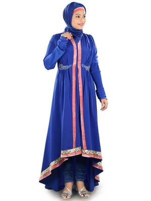 MyBatua Royal Blue Poly Crepe Islamic Wear For Women Arabian Style Muslim Abaya With Hijab 2