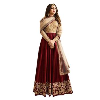 Maroon embroidered silk And net Anarkali Suit 1