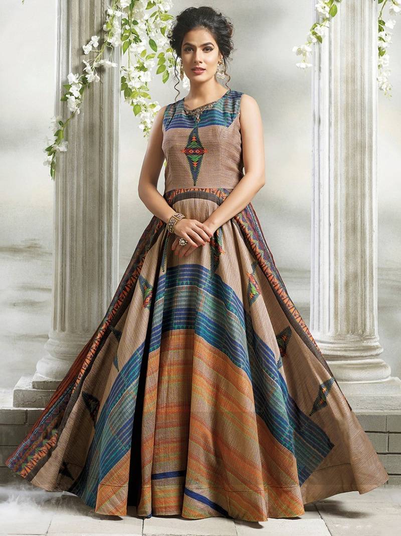 Cotton Silk Gown Cotton Gowns For Party Multicolor Chanderi Cotton