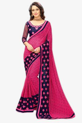 Dark pink printed georgette saree with blouse 1
