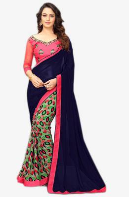 Navy blue printed georgette saree with blouse 1