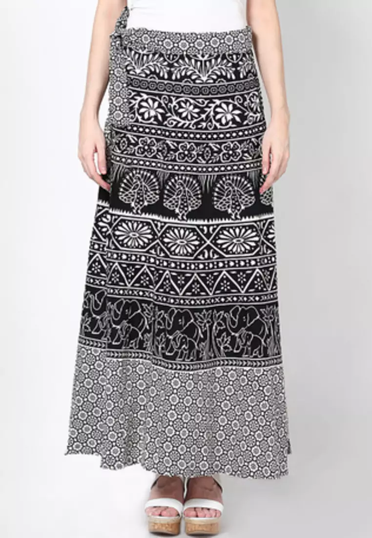 Black n White Jaipuri Printed Cotton Wrap Skirt