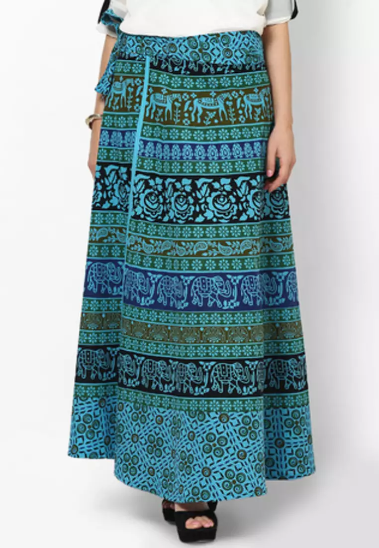 Turquoise Jaipuri Printed Cotton Wrap Skirt