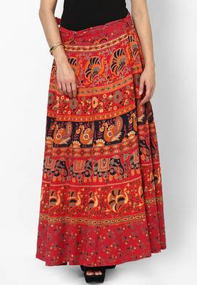 Red Jaipuri Printed Cotton Wrap Skirt
