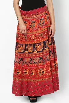 Red Jaipuri Printed Cotton Wrap Skirt