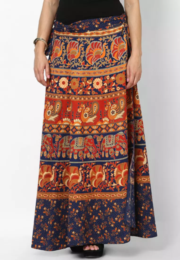 Navy Blue Jaipuri Printed Cotton Wrap Skirt