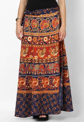 Navy Blue Jaipuri Printed Cotton Wrap Skirt 4