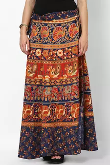 Navy Blue Jaipuri Printed Cotton Wrap Skirt
