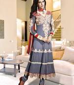 Grey georgette embroidered anarkali semi stitched salwar with dupatta