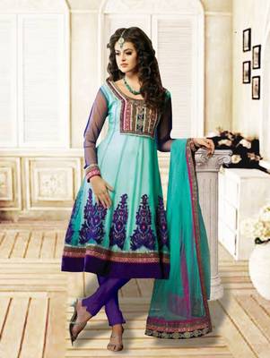 Blue net embroidered anarkali semi stitched Anarkali Suit 1