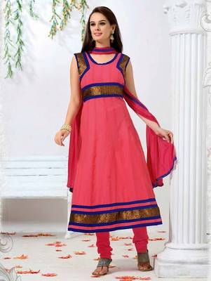 Pink georgette embroidered anarkali semi stitched salwar with dupatta 1