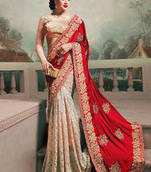 red and chiku silk georgette and rassal net m n designer bollywood saree with blouse
