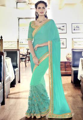 Cyan  embroidered Satin Chiffon And Net Georgette saree with blouse 1