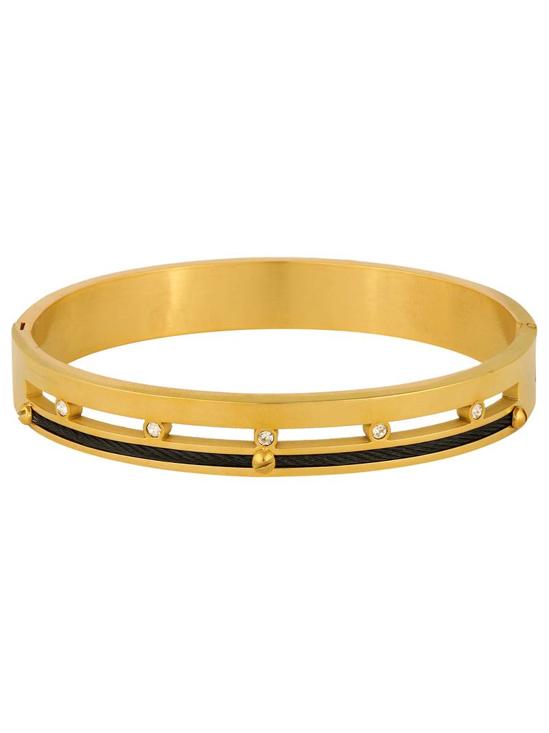 Screw Rope 18K Gold & Black Rhodium Plated CZ 316L Surgical Stainless Steel Openable Kada Bangle Men