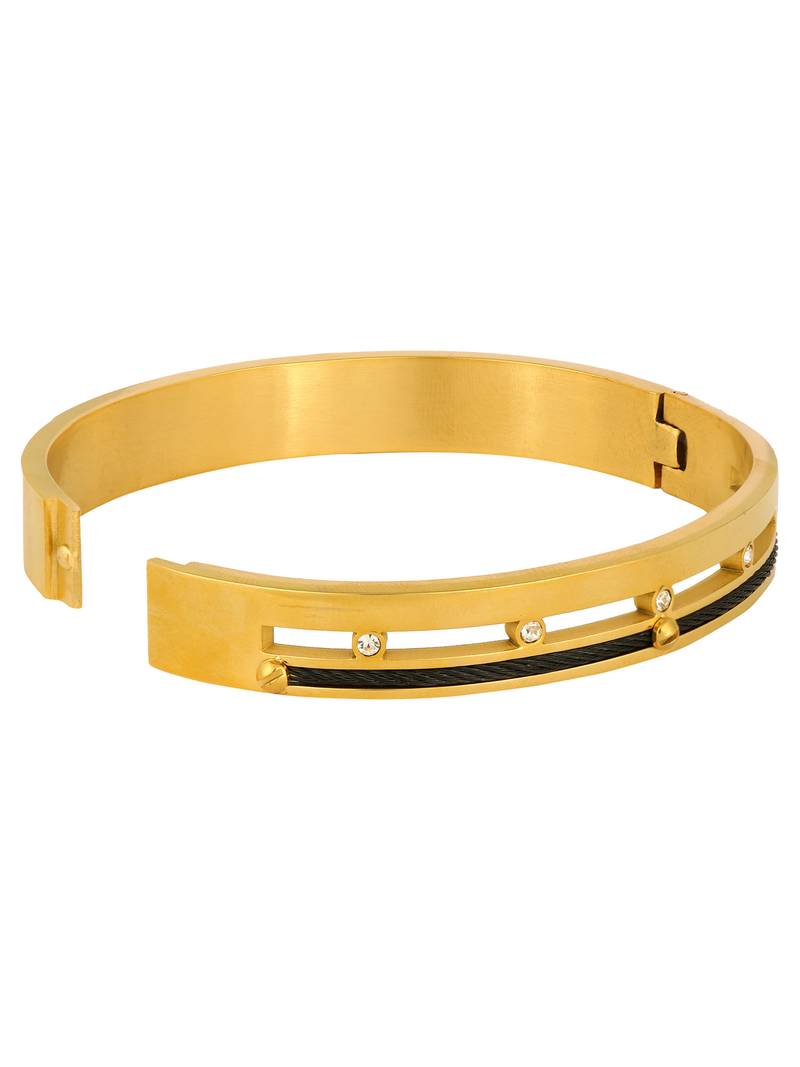 Screw Rope 18K Gold & Black Rhodium Plated CZ 316L Surgical Stainless Steel Openable Kada Bangle Men