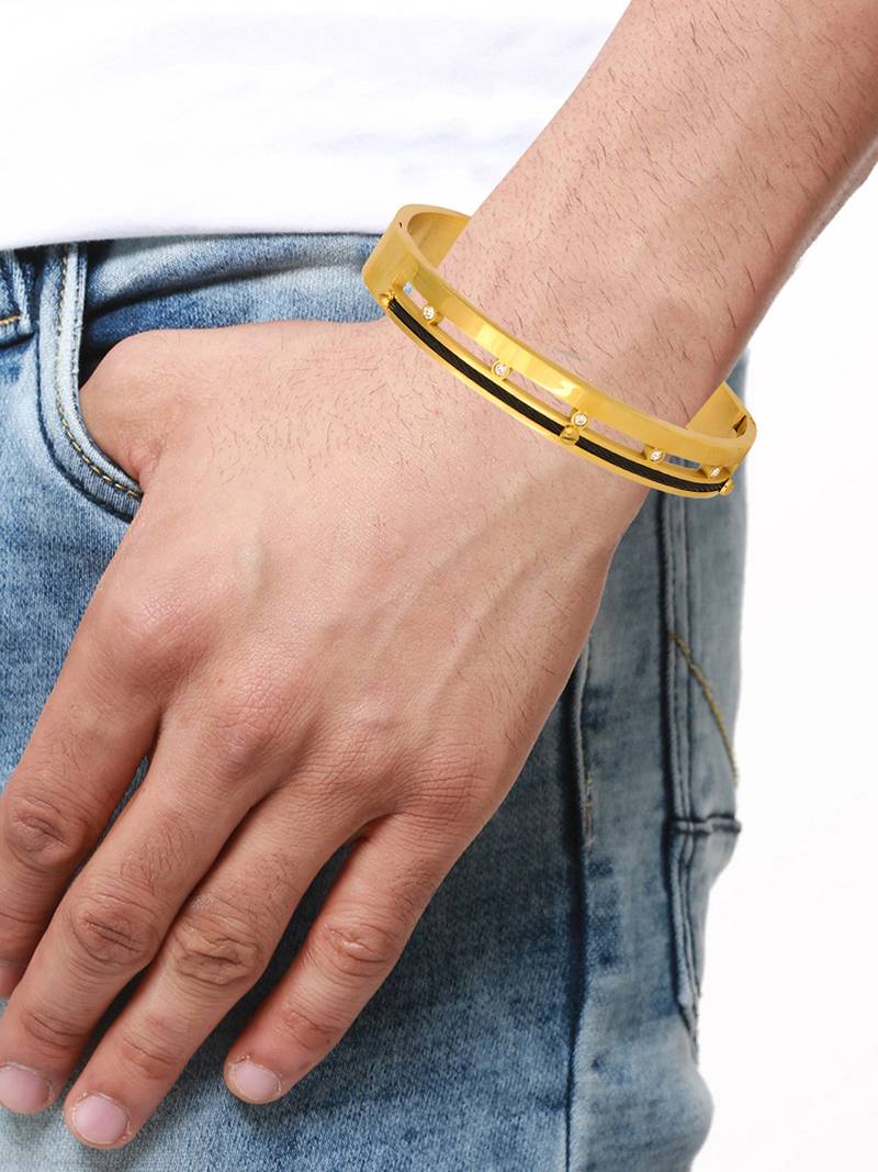 Screw Rope 18K Gold & Black Rhodium Plated CZ 316L Surgical Stainless Steel Openable Kada Bangle Men