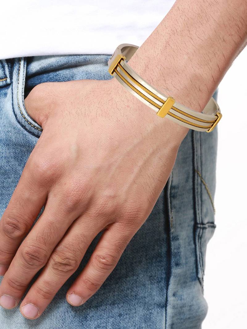 Rope Border 18K Gold Silver 316L Surgical Stainless Steel Openable Kada Bangle Bracelet Men