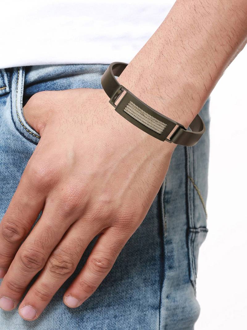 Square Rope Black Silver 316L Surgical Stainless Steel Openable Kada Bangle Bracelet Men