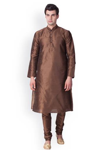 Brown Solid  Art Silk  Designer Men's Kurta Pyjama