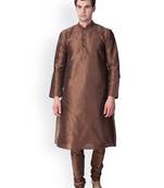 Brown Solid  Art Silk  Designer Men's Kurta Pyjama