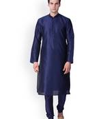 Deep Blue Solid  Art Silk  Designer Men's Kurta Pyjama