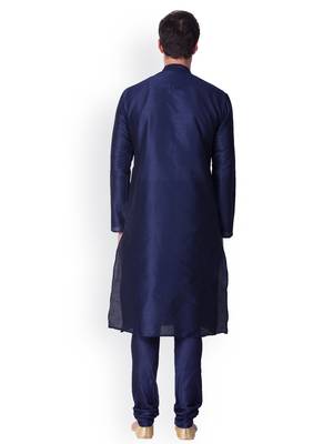 Deep Blue Solid  Art Silk  Designer Men's Kurta Pyjama 3