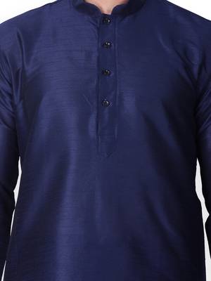 Deep Blue Solid  Art Silk  Designer Men's Kurta Pyjama 4