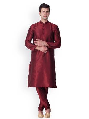 Maroon Solid  Art Silk  Designer Men's Kurta Pyjama 1