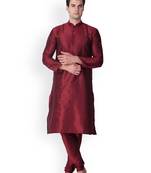 Maroon Solid  Art Silk  Designer Men's Kurta Pyjama