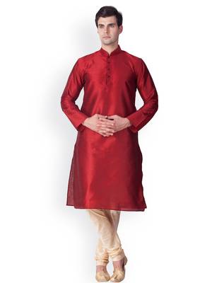 Red Solid  Art Silk  Designer Men's Kurta Pyjama 1