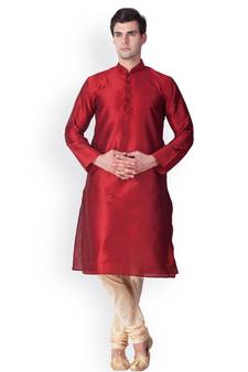 Red Solid  Art Silk  Designer Men's Kurta Pyjama