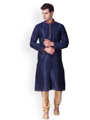 Deep Blue Self Design Art Silk  Designer Men's Kurta Pyjama 1