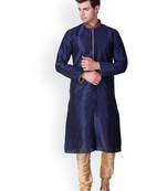 Deep Blue Self Design Art Silk  Designer Men's Kurta Pyjama