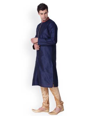 Deep Blue Self Design Art Silk  Designer Men's Kurta Pyjama 2