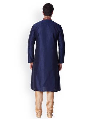 Deep Blue Self Design Art Silk  Designer Men's Kurta Pyjama 3