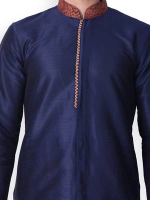 Deep Blue Self Design Art Silk  Designer Men's Kurta Pyjama 4