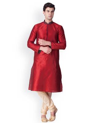Red Self Design Art Silk  Designer Men's Kurta Pyjama 1