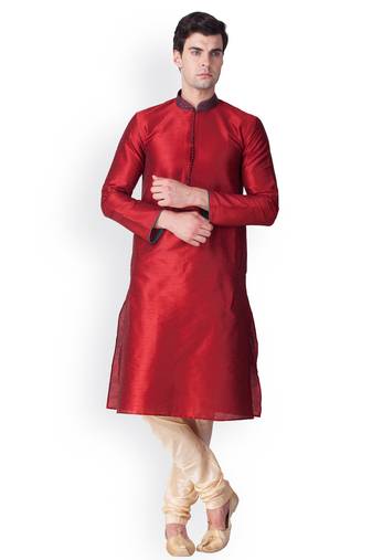Red Self Design Art Silk  Designer Men's Kurta Pyjama