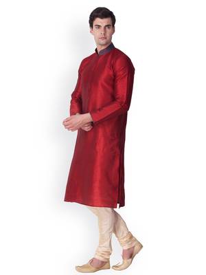 Red Self Design Art Silk  Designer Men's Kurta Pyjama 2