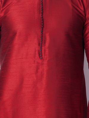 Red Self Design Art Silk  Designer Men's Kurta Pyjama 3