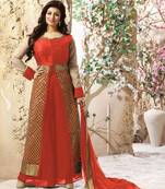 Tomato red and golden pure silk party wear semi stitched palazzo suit with dupatta