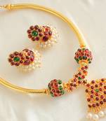 Beautiful Gold Plated Handmade Kemp Balls Temple Necklace Set