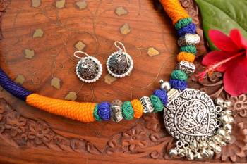 Metallic Oxidised Pendant Bright Colourful Thread Work Necklace Set With matching Jhumka 1