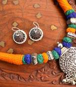 Metallic Oxidised Pendant Bright Colourful Thread Work Necklace Set With matching Jhumka