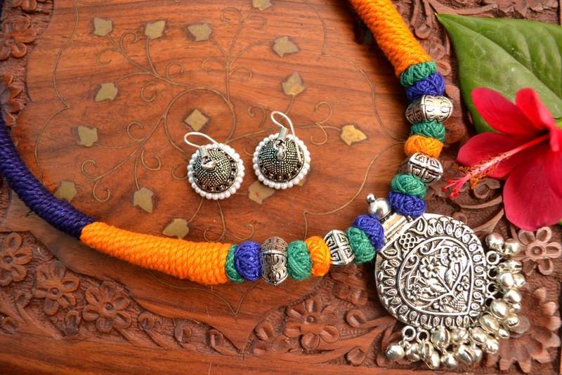 Metallic Oxidised Pendant Bright Colourful Thread Work Necklace Set With matching Jhumka