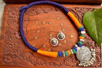 Metallic Oxidised Pendant Bright Colourful Thread Work Necklace Set With matching Jhumka 3