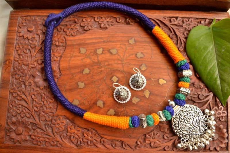 Metallic Oxidised Pendant Bright Colourful Thread Work Necklace Set With matching Jhumka