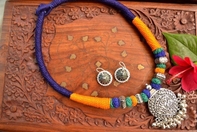 Metallic Oxidised Pendant Bright Colourful Thread Work Necklace Set With matching Jhumka