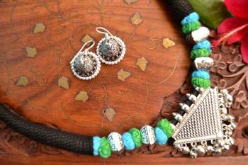 Metallic Oxidised Pendant Bright Colourful Thread Work Necklace Set With matching Jhumka 1