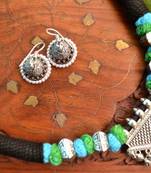 Metallic Oxidised Pendant Bright Colourful Thread Work Necklace Set With matching Jhumka